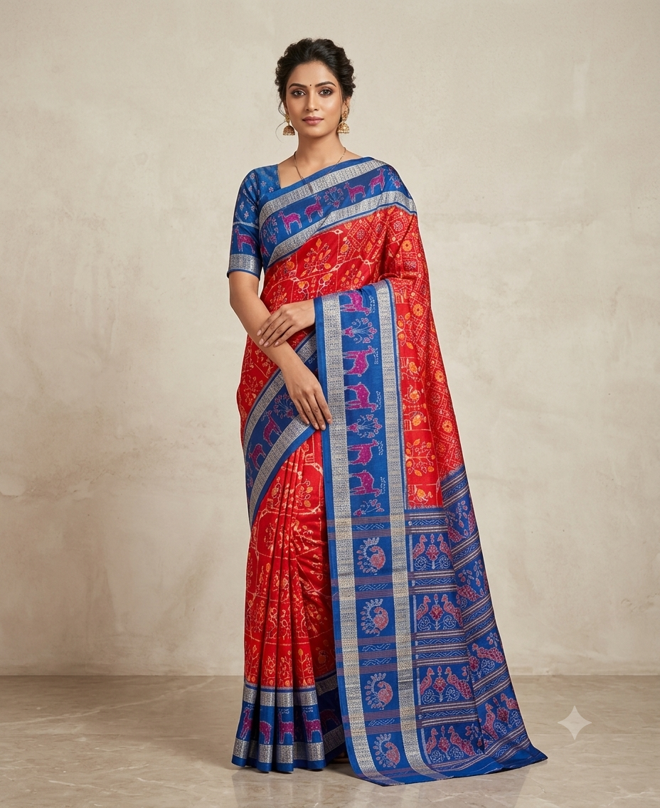 Ragini Red & Blue Handwoven Sambalpuri Saree