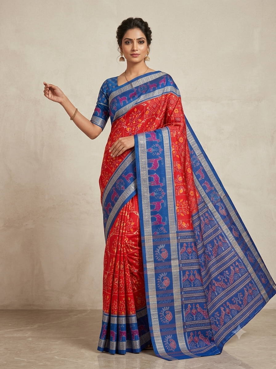 Ragini Red & Blue Handwoven Sambalpuri Saree