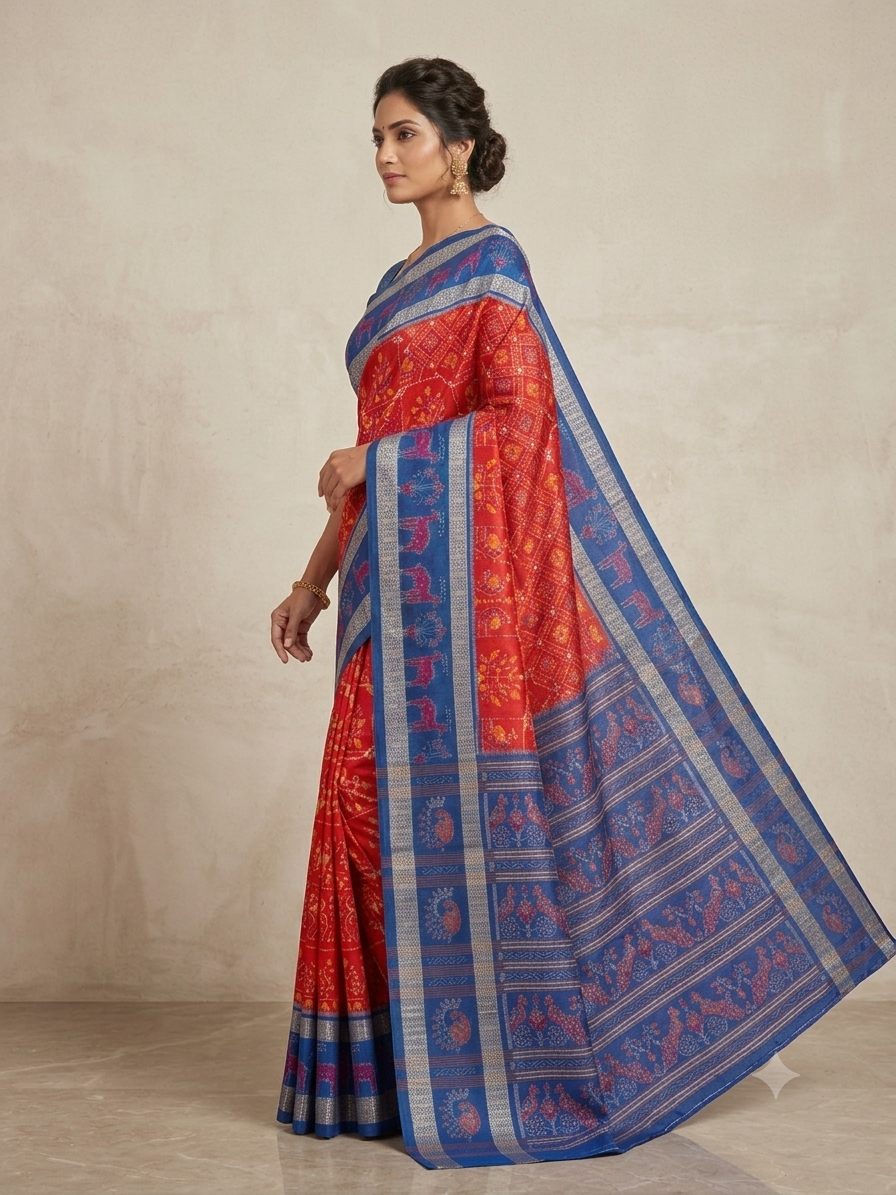 Ragini Red & Blue Handwoven Sambalpuri Saree