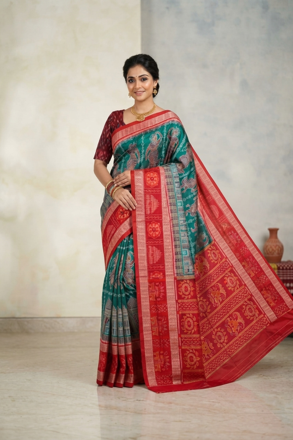 Charvi Teal & Red Handwoven Sambalpuri Saree
