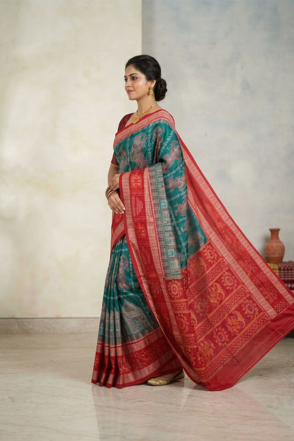 Charvi Teal & Red Handwoven Sambalpuri Saree