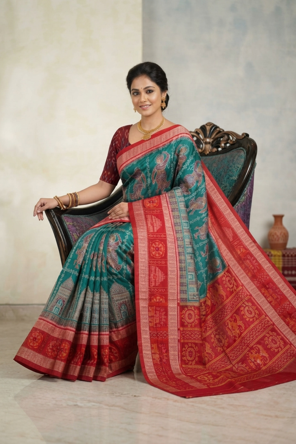 Charvi Teal & Red Handwoven Sambalpuri Saree