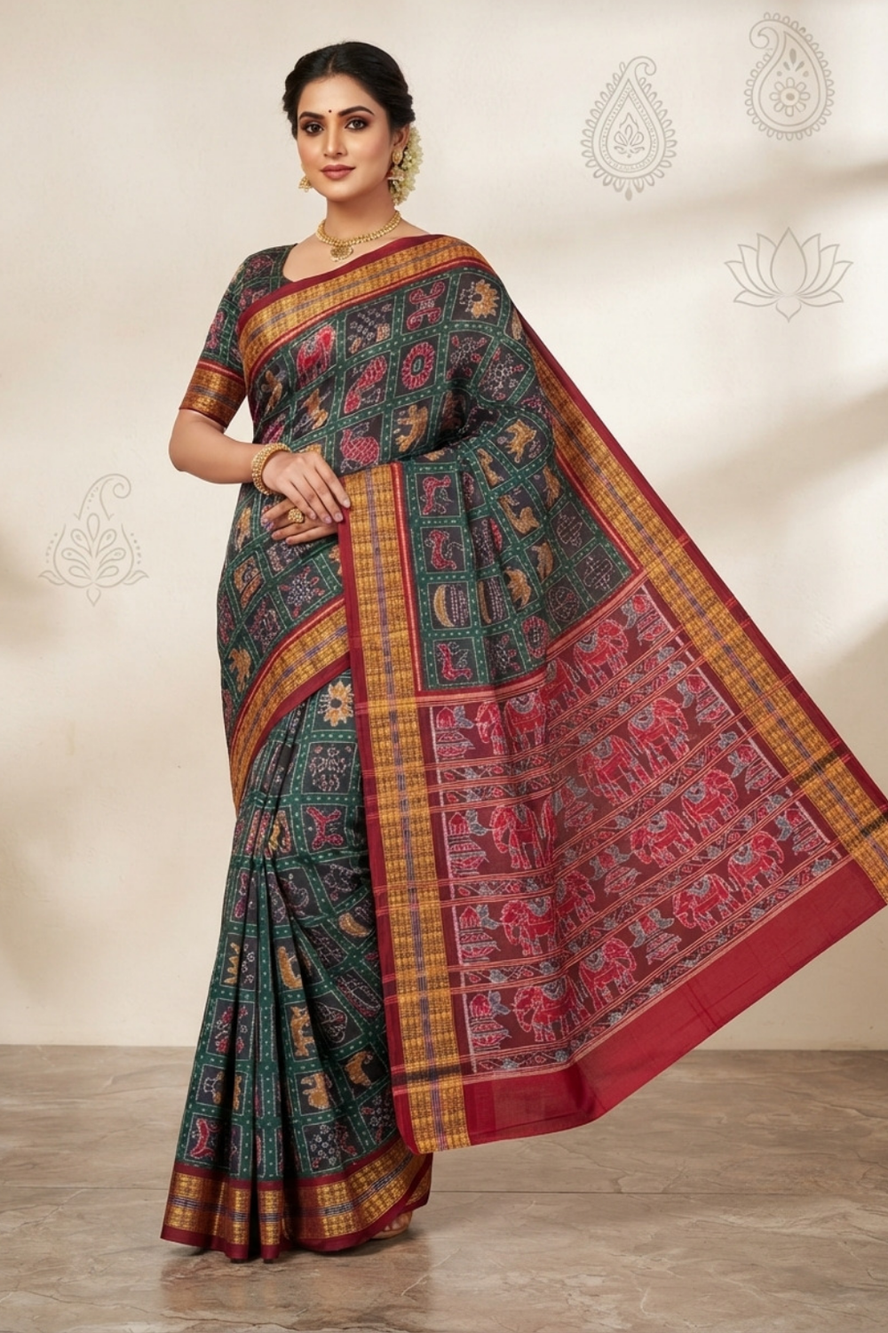 Aaradhya Green & Maroon Handwoven Sambalpuri Saree