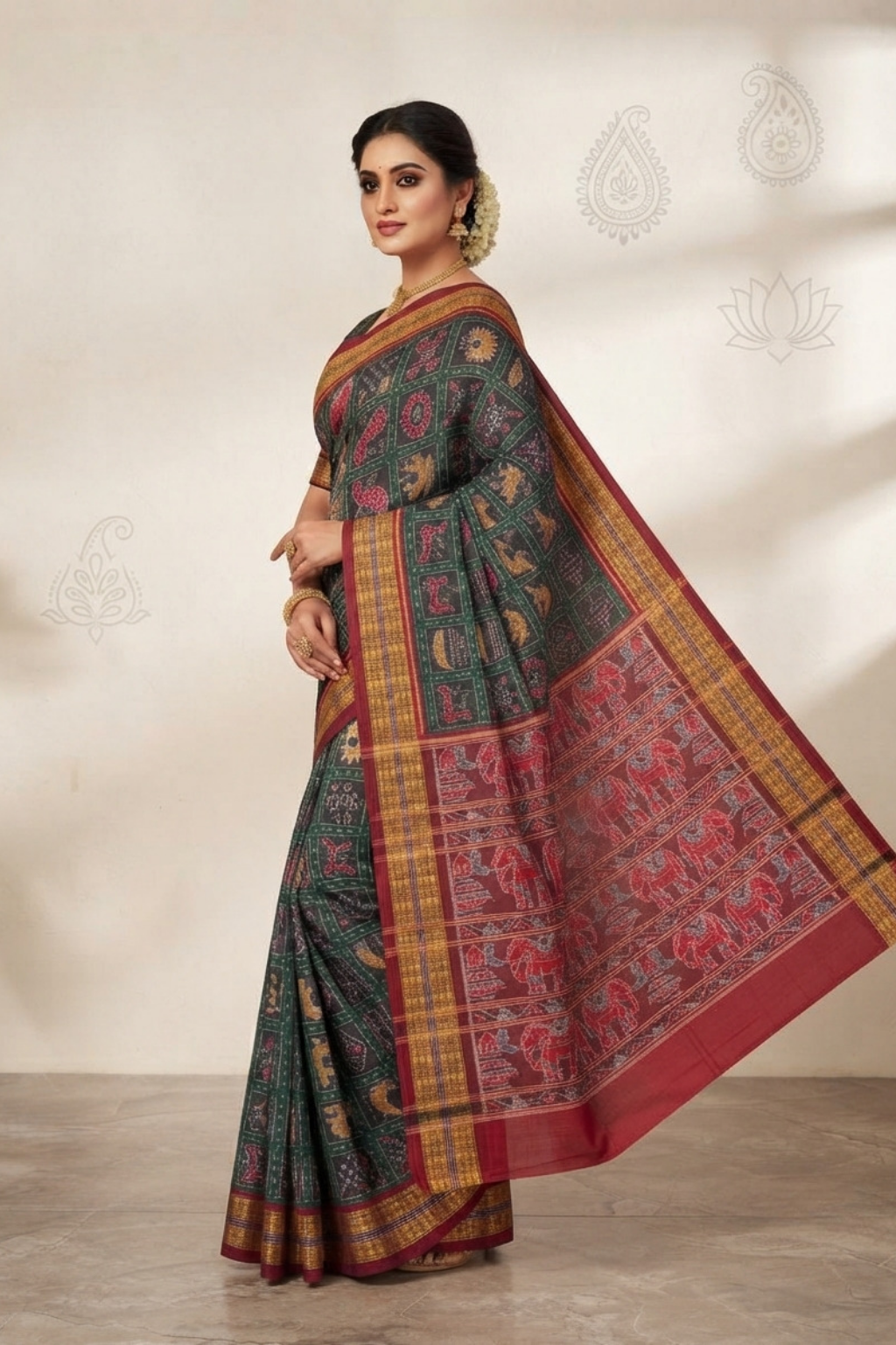Aaradhya Green & Maroon Handwoven Sambalpuri Saree