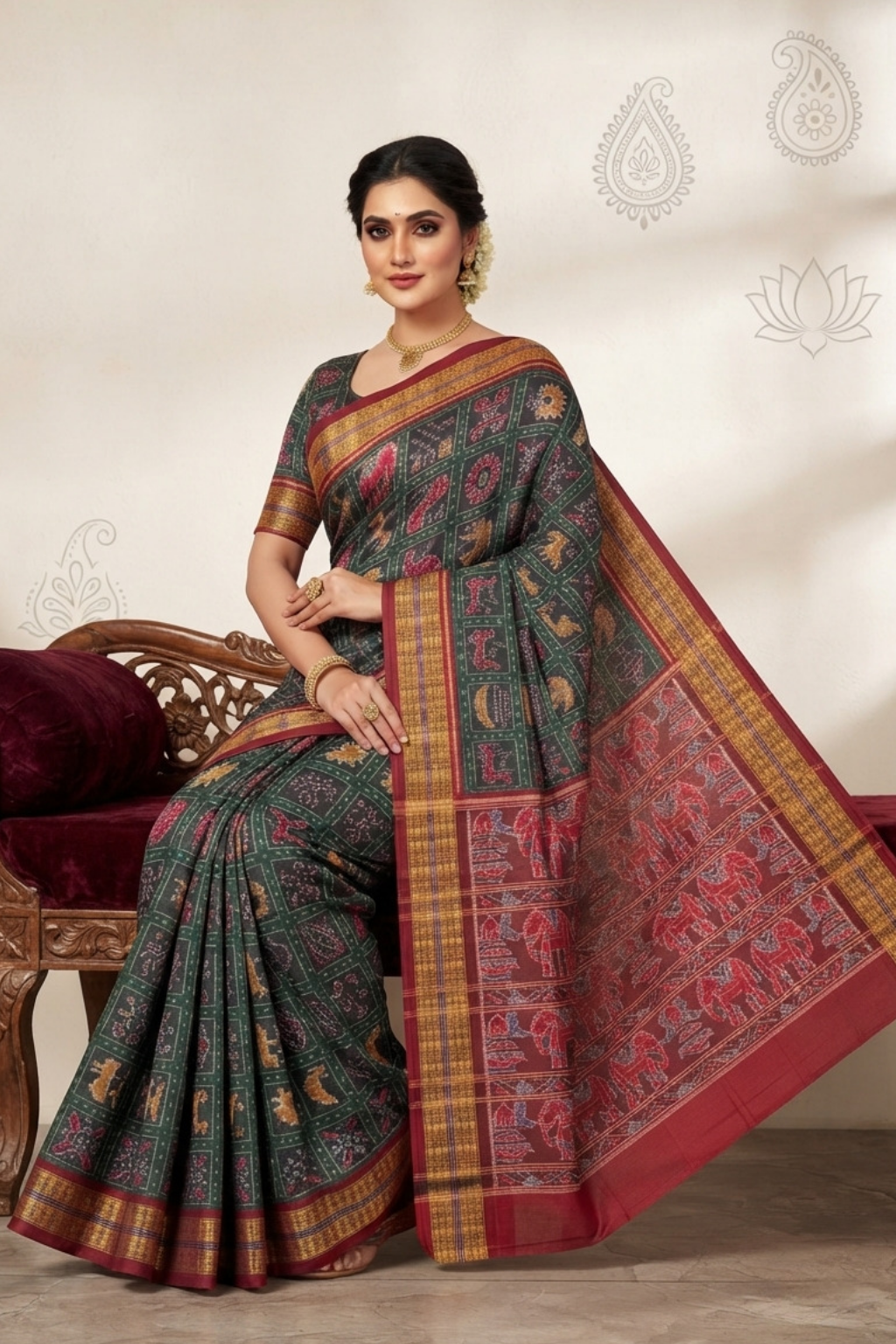 Aaradhya Green & Maroon Handwoven Sambalpuri Saree