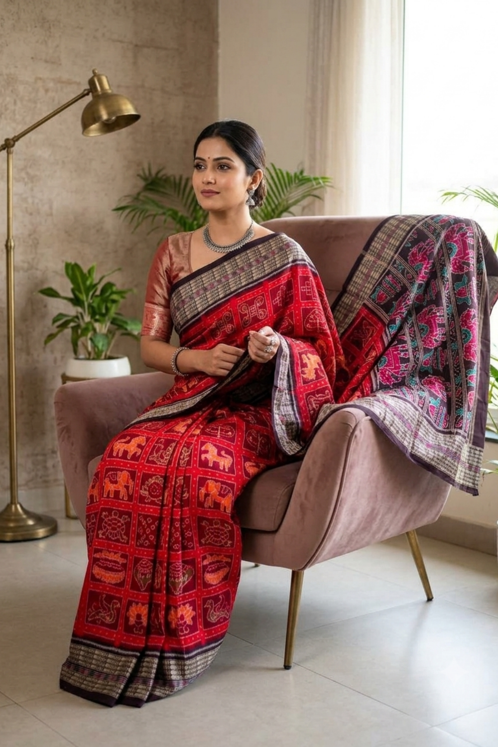 Anvaya Red & Black Handwoven Sambalpuri Saree