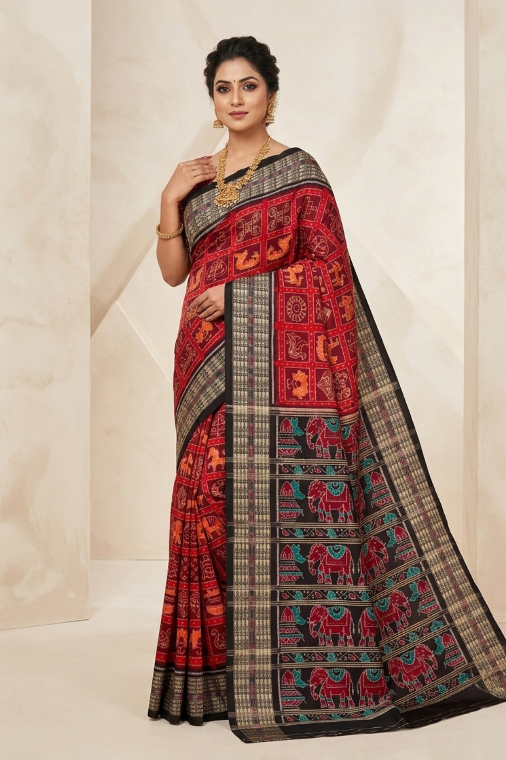 Anvaya Red & Black Handwoven Sambalpuri Saree