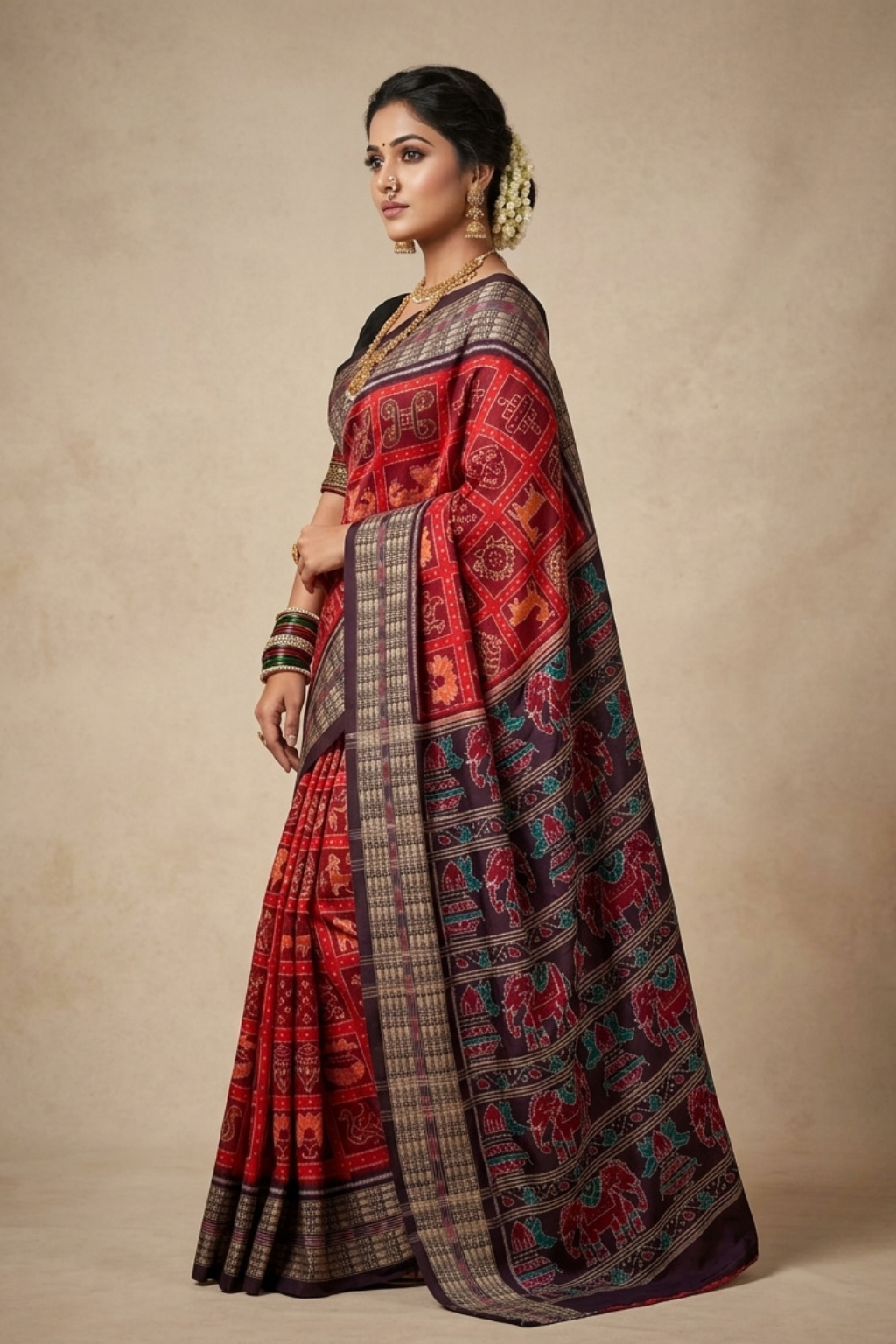 Anvaya Red & Black Handwoven Sambalpuri Saree