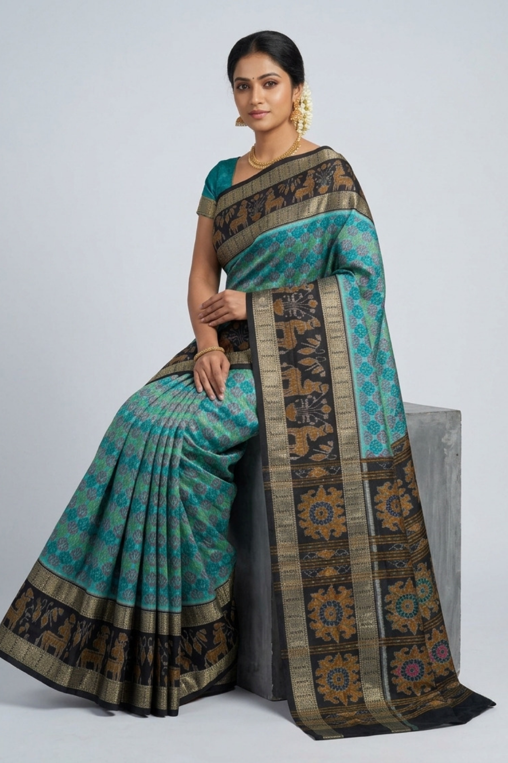 Nandini Teal & Black Handwoven Sambalpuri Saree