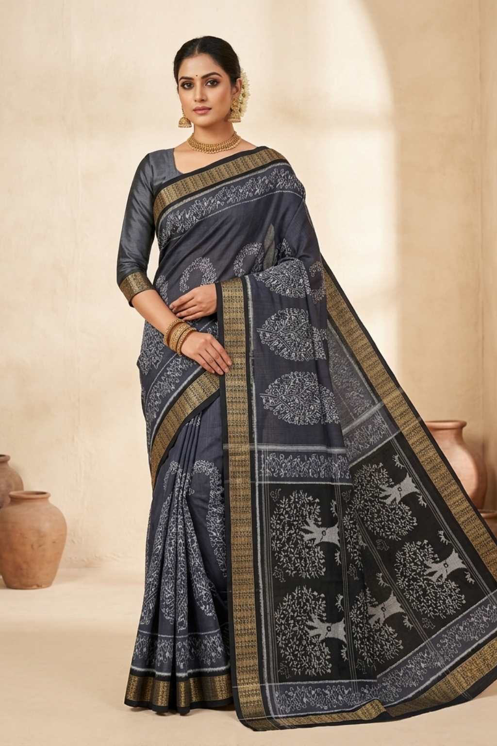 Anvika Black & Grey Handwoven Sambalpuri Saree