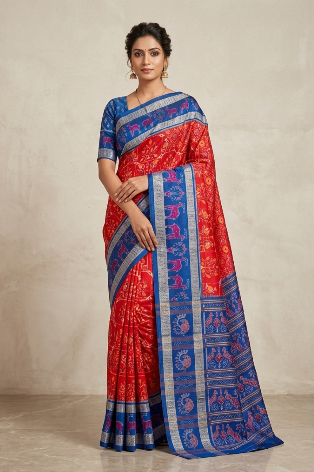 Vasudha Red & Blue Handwoven Sambalpuri Saree