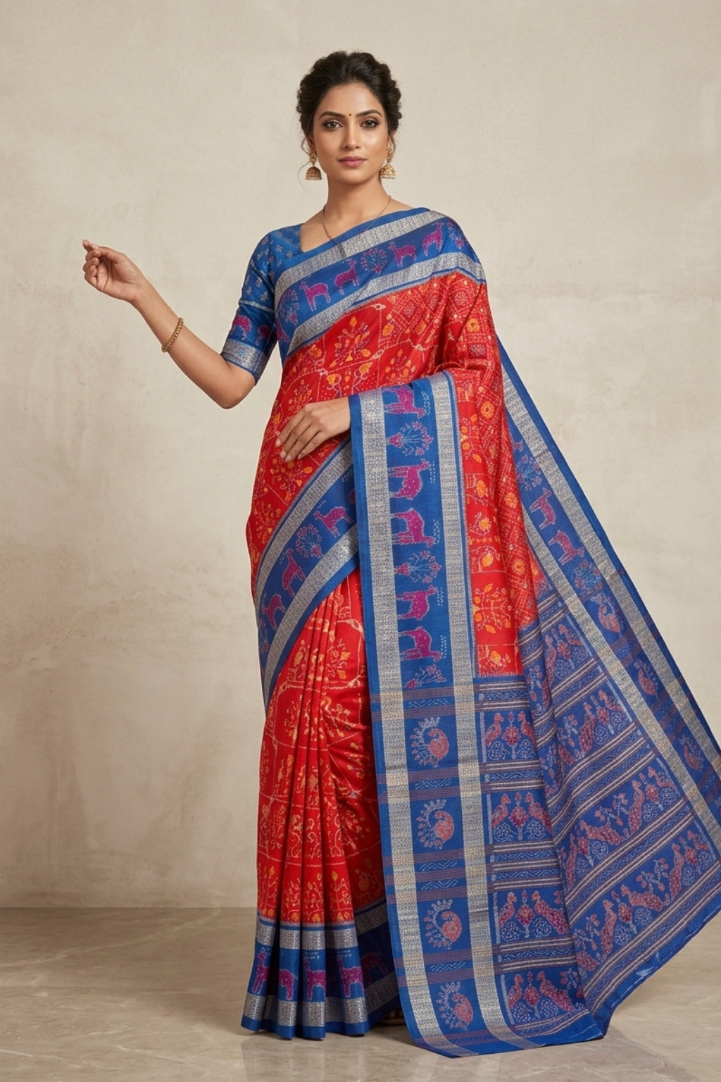 Vasudha Red & Blue Handwoven Sambalpuri Saree