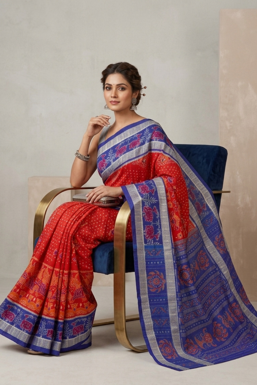 Vasudha Red & Blue Handwoven Sambalpuri Saree