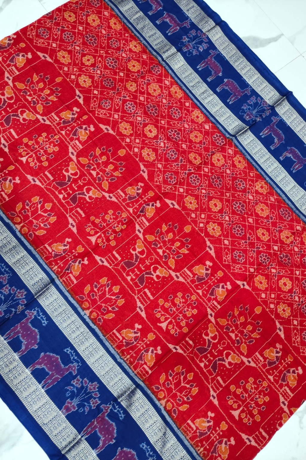 Vasudha Red & Blue Handwoven Sambalpuri Saree