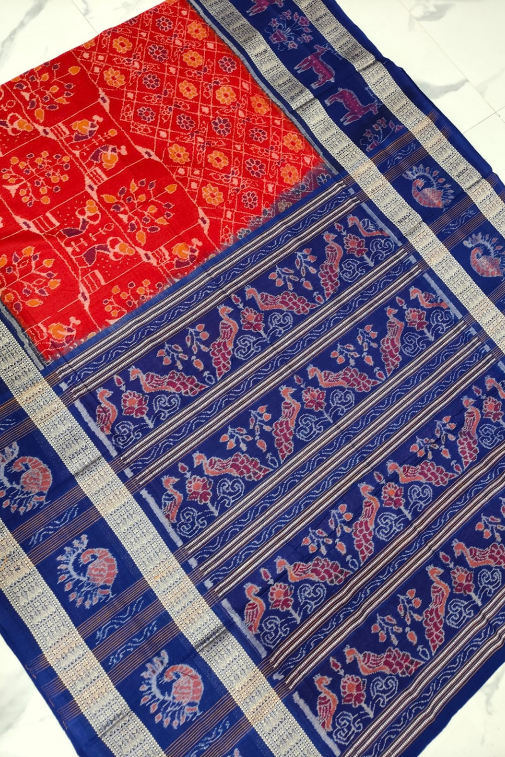 Vasudha Red & Blue Handwoven Sambalpuri Saree