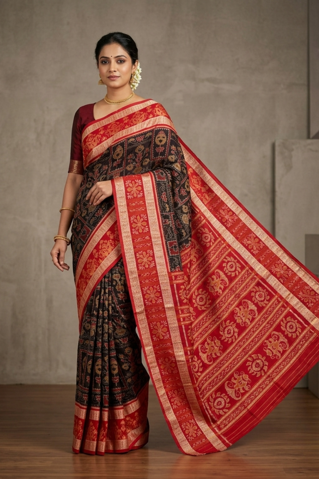 Vasudha Black & Red Handwoven Sambalpuri Saree