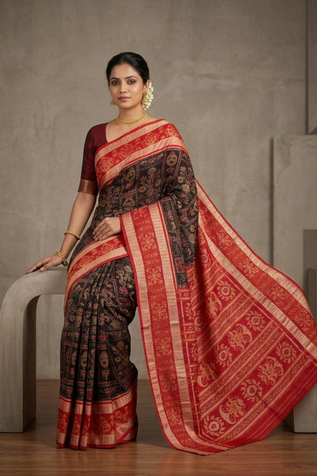 Vasudha Black & Red Handwoven Sambalpuri Saree