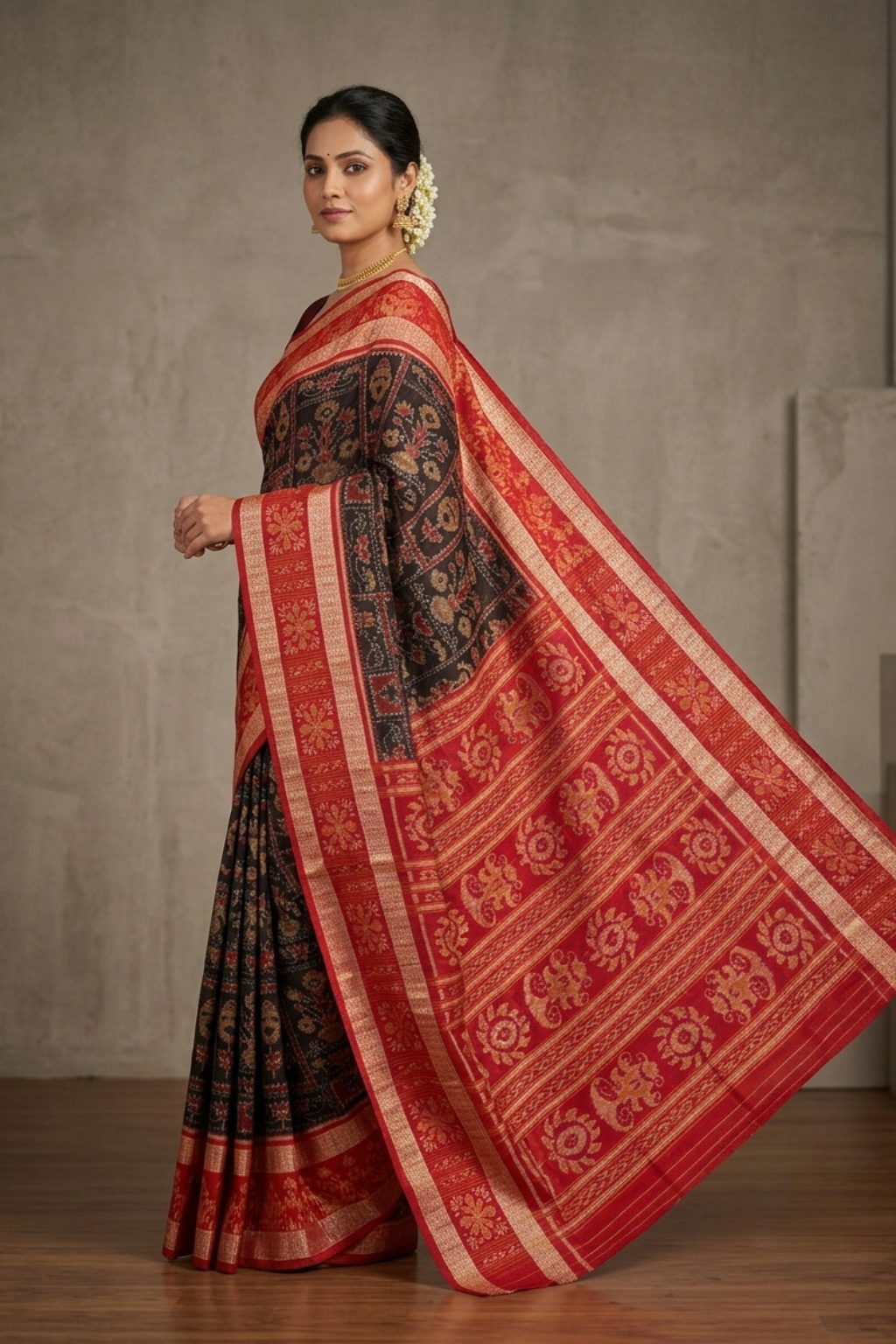 Vasudha Black & Red Handwoven Sambalpuri Saree