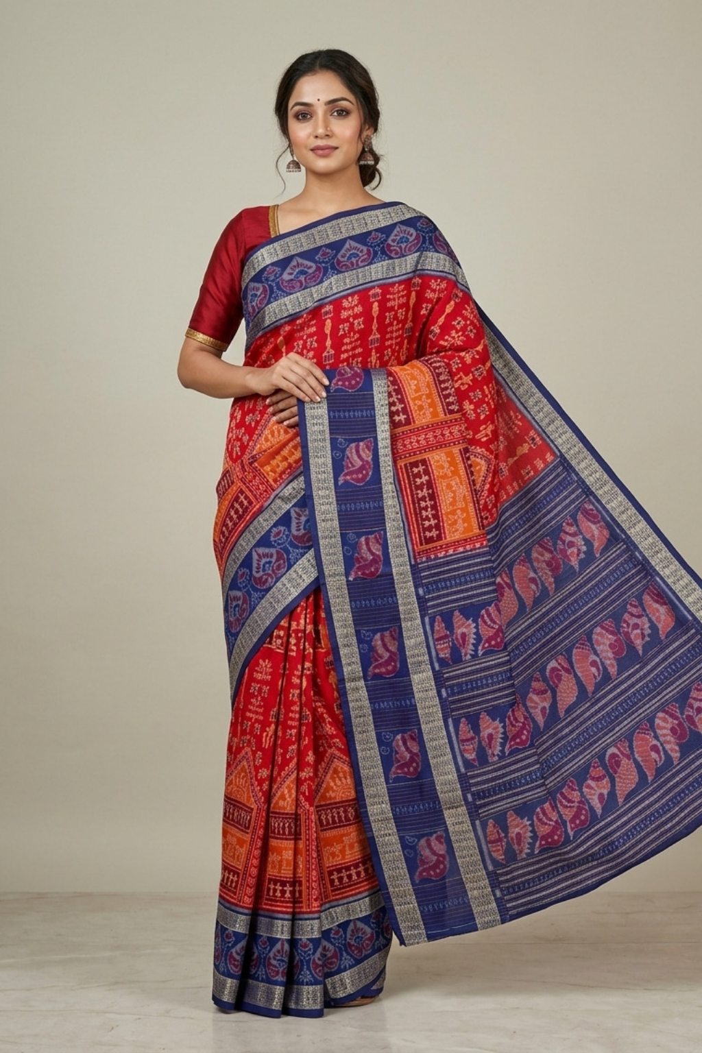 Aarini Red & Blue Handwoven Sambalpuri Saree