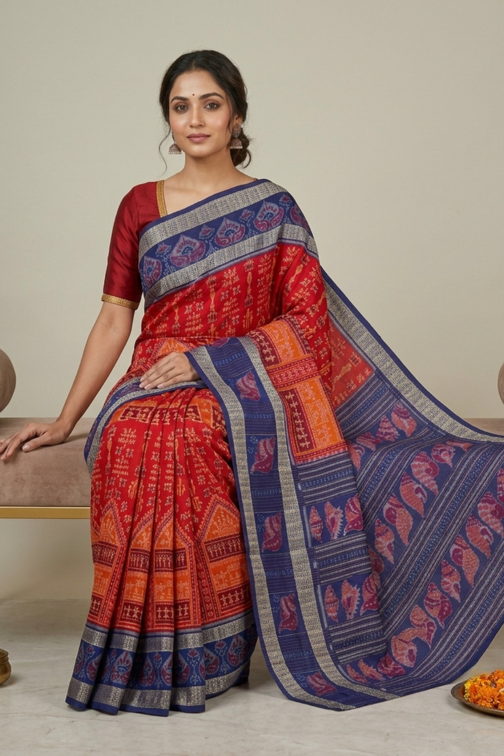 Aarini Red & Blue Handwoven Sambalpuri Saree