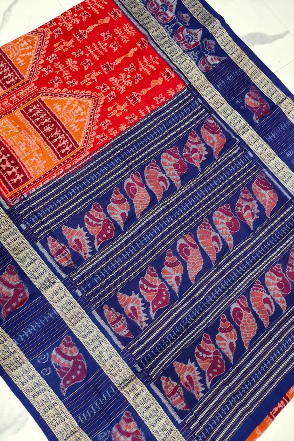 Aarini Red & Blue Handwoven Sambalpuri Saree
