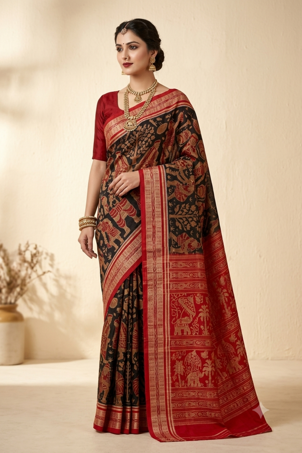 Kalyani Black & Red Handwoven Sambalpuri Cotton Saree