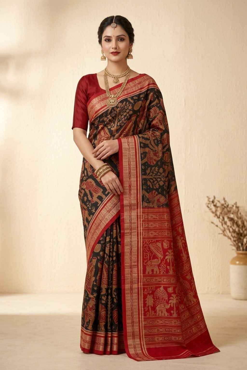 Kalyani Black & Red Handwoven Sambalpuri Cotton Saree