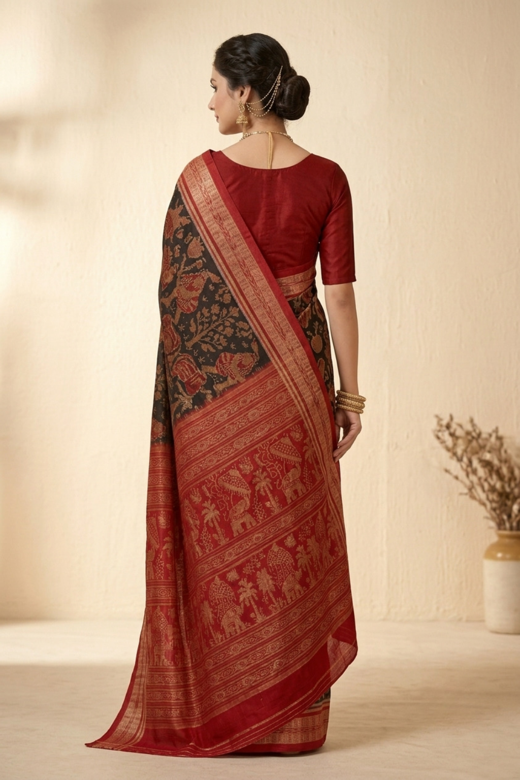Kalyani Black & Red Handwoven Sambalpuri Cotton Saree