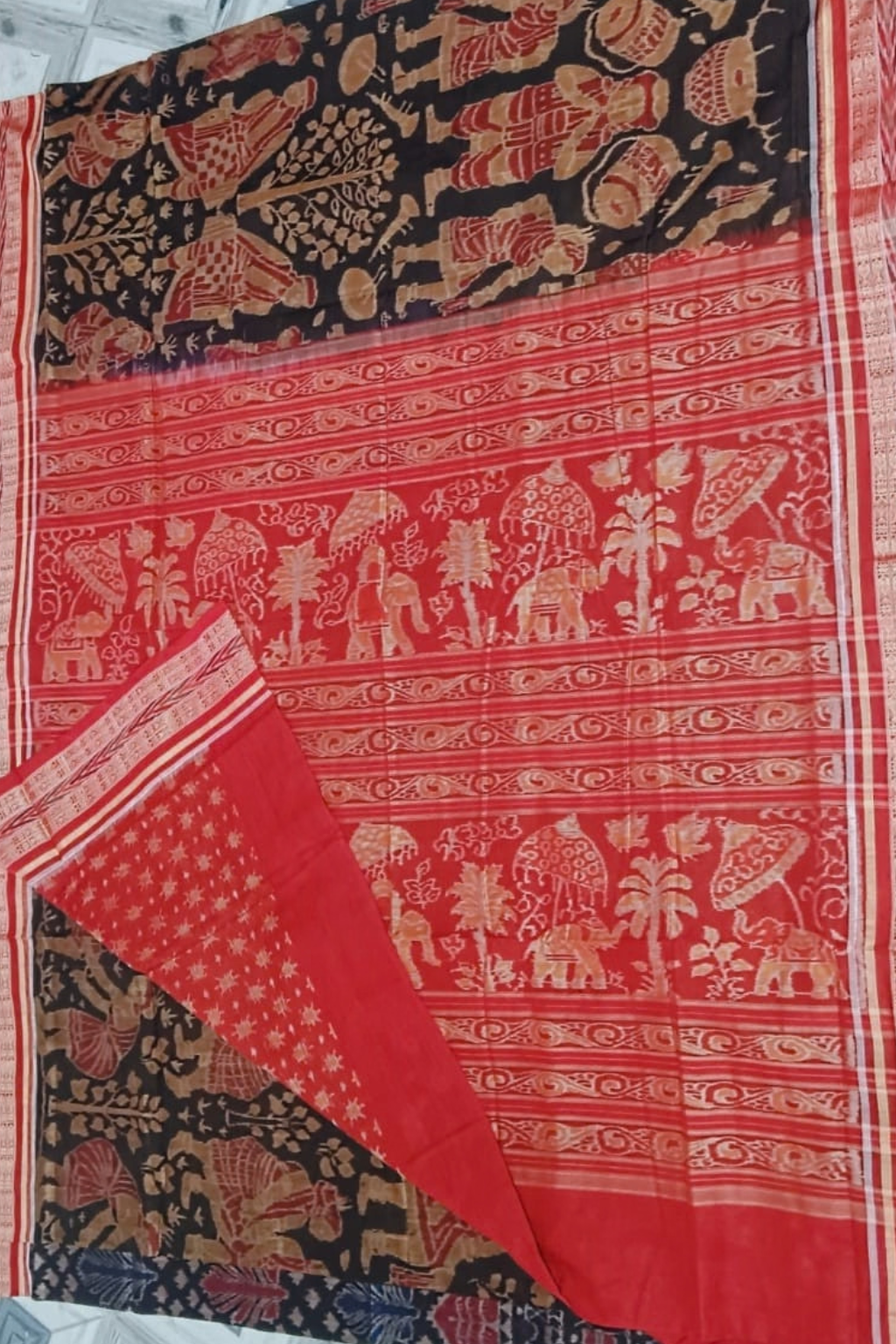 Kalyani Black & Red Handwoven Sambalpuri Cotton Saree