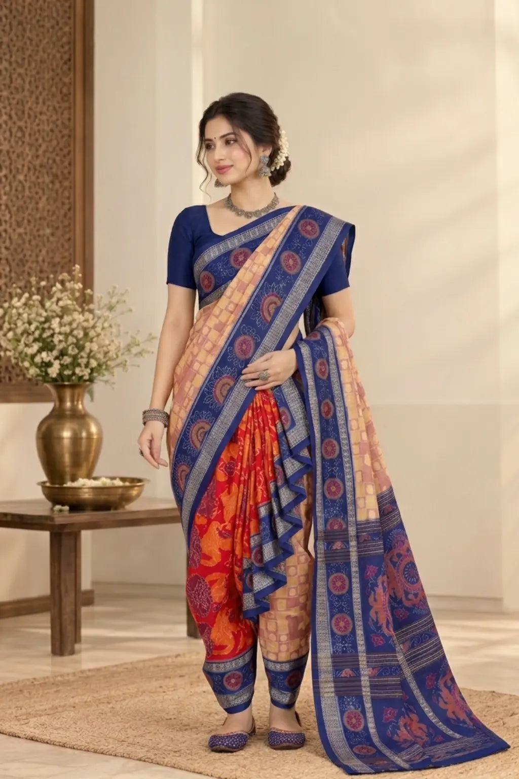 Nartaki Navy Blue Handwoven Sambalpuri Cotton Saree