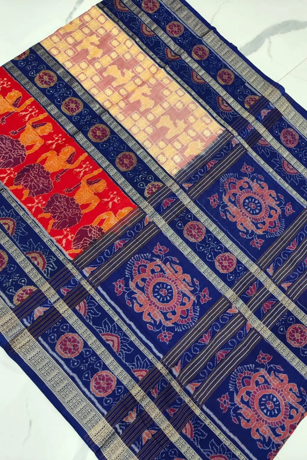 Nartaki Navy Blue Handwoven Sambalpuri Cotton Saree