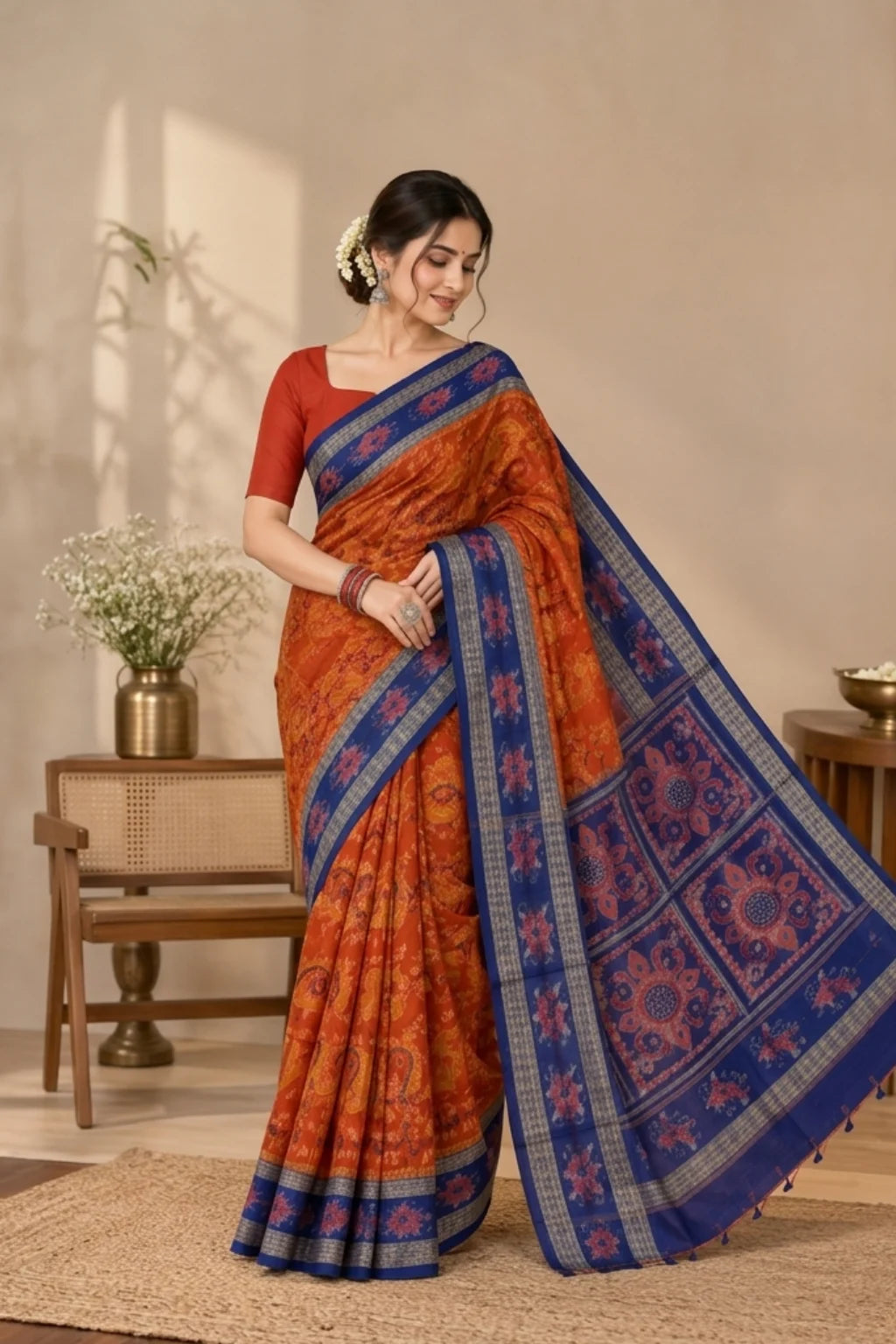 Vasudha Orange Handwoven Sambalpuri cotton Saree
