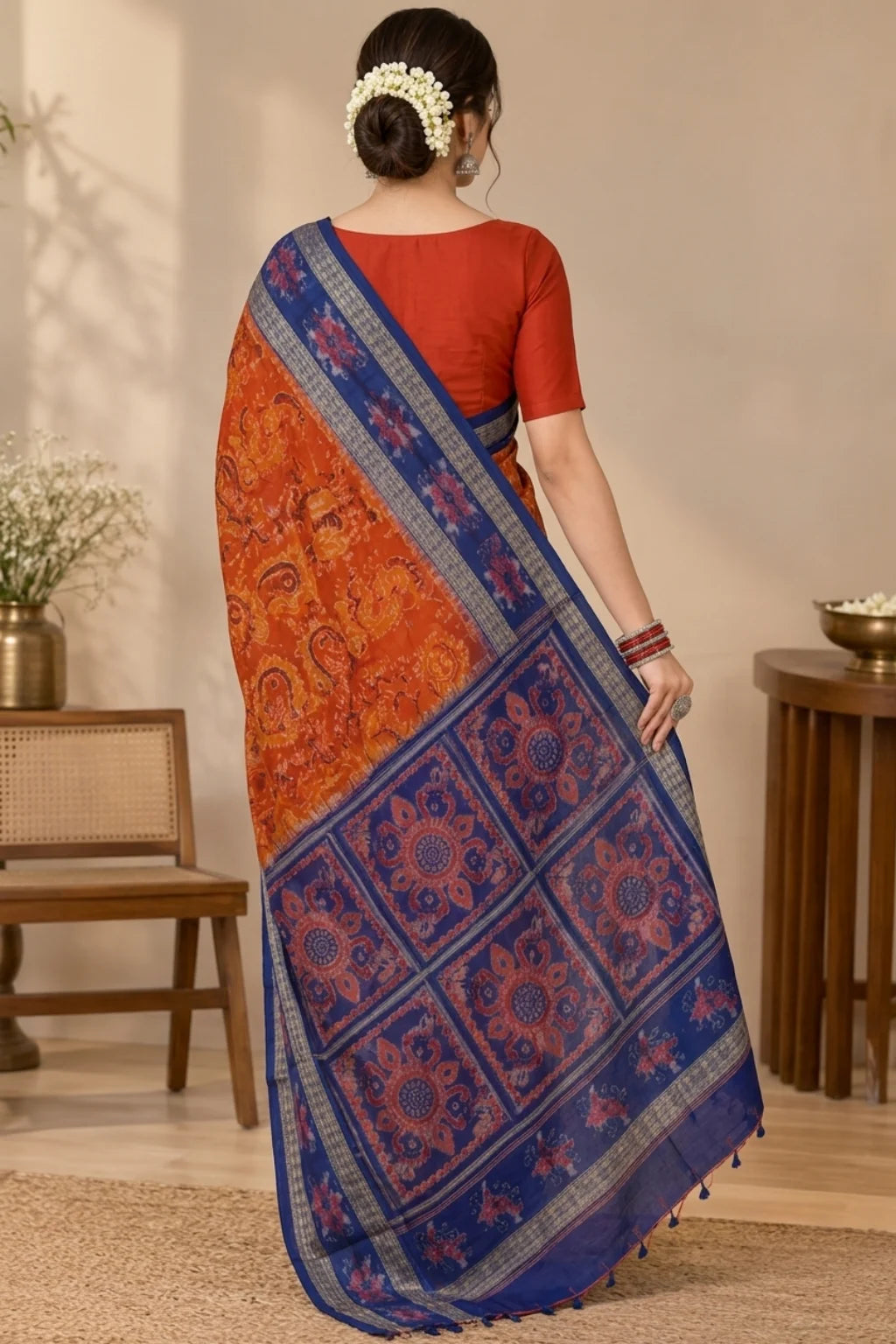 Vasudha Orange Handwoven Sambalpuri cotton Saree
