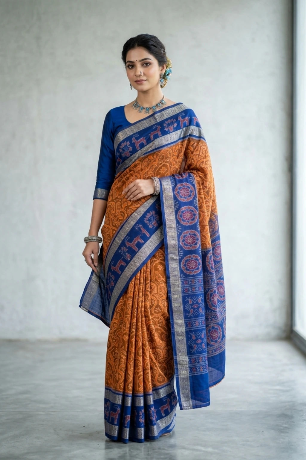 Aarini Orange, Blue Handwoven Sambalpuri Cotton Saree