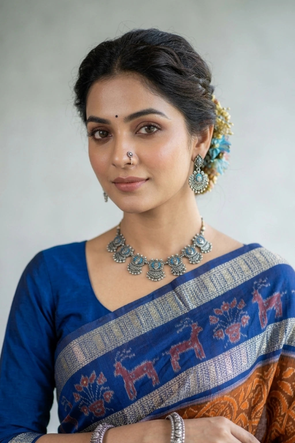 Aarini Orange, Blue Handwoven Sambalpuri Cotton Saree