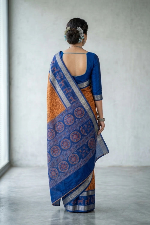 Aarini Orange, Blue Handwoven Sambalpuri Cotton Saree