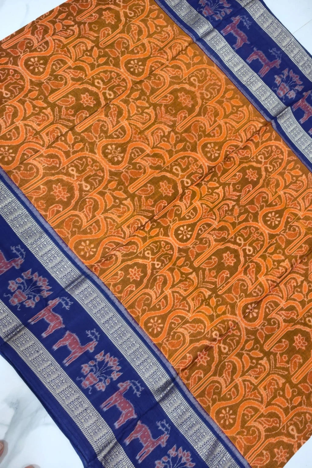 Aarini Orange, Blue Handwoven Sambalpuri Cotton Saree