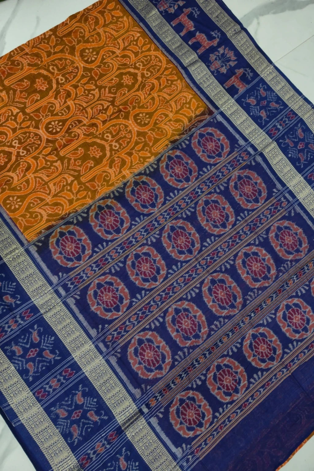 Aarini Orange, Blue Handwoven Sambalpuri Cotton Saree