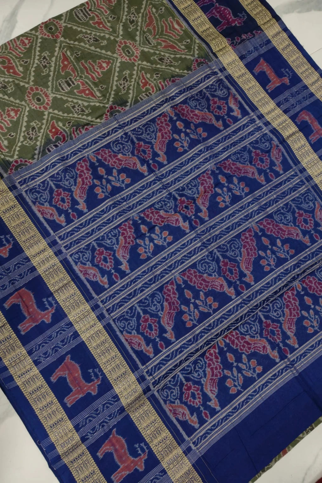 Vasudha Green Handwoven Sambalpuri Cotton Saree