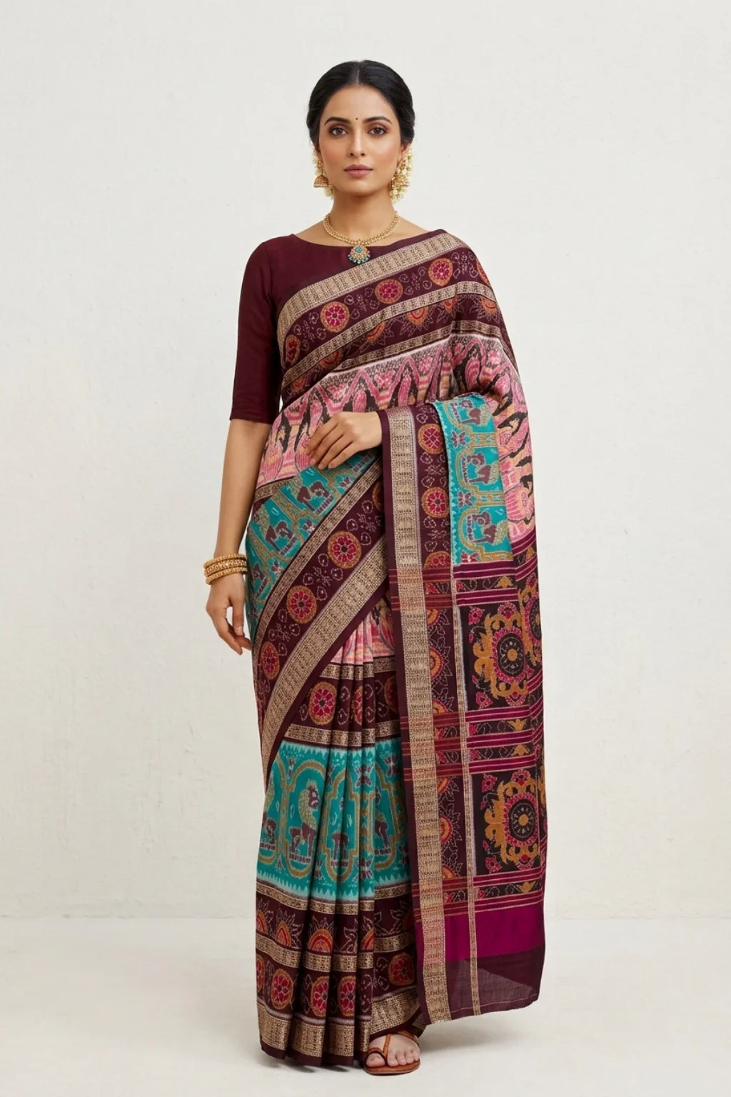 Aarini Turquoise Handwoven Sambalpuri Cotton Saree