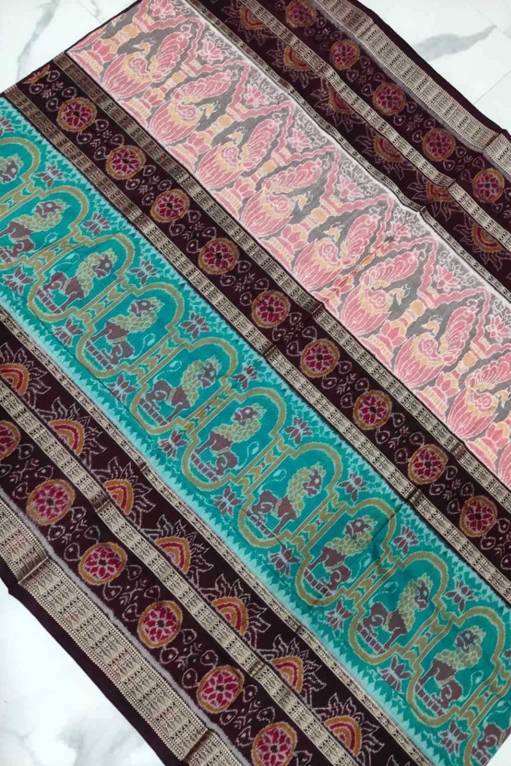 Aarini Turquoise Handwoven Sambalpuri Cotton Saree