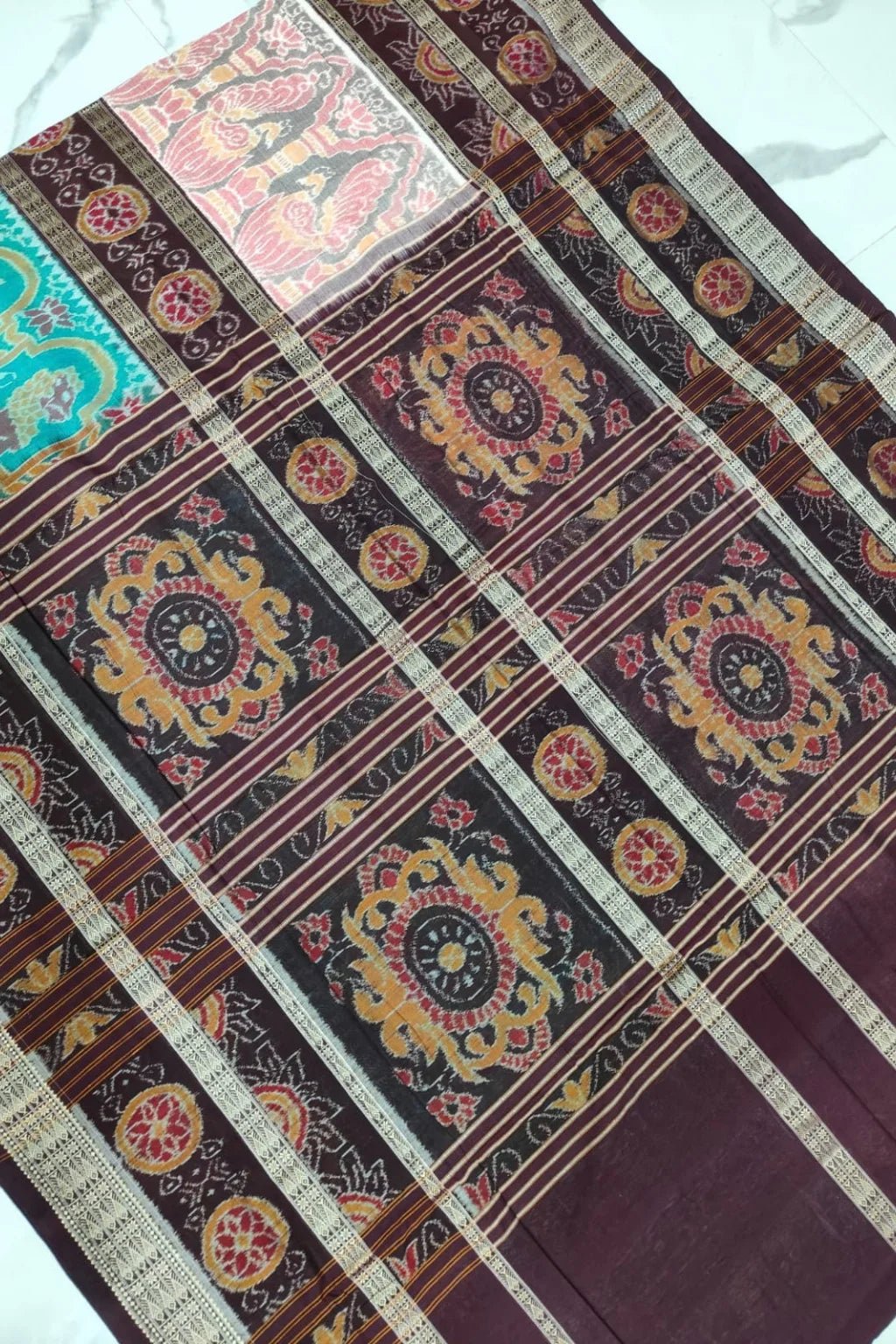 Aarini Turquoise Handwoven Sambalpuri Cotton Saree