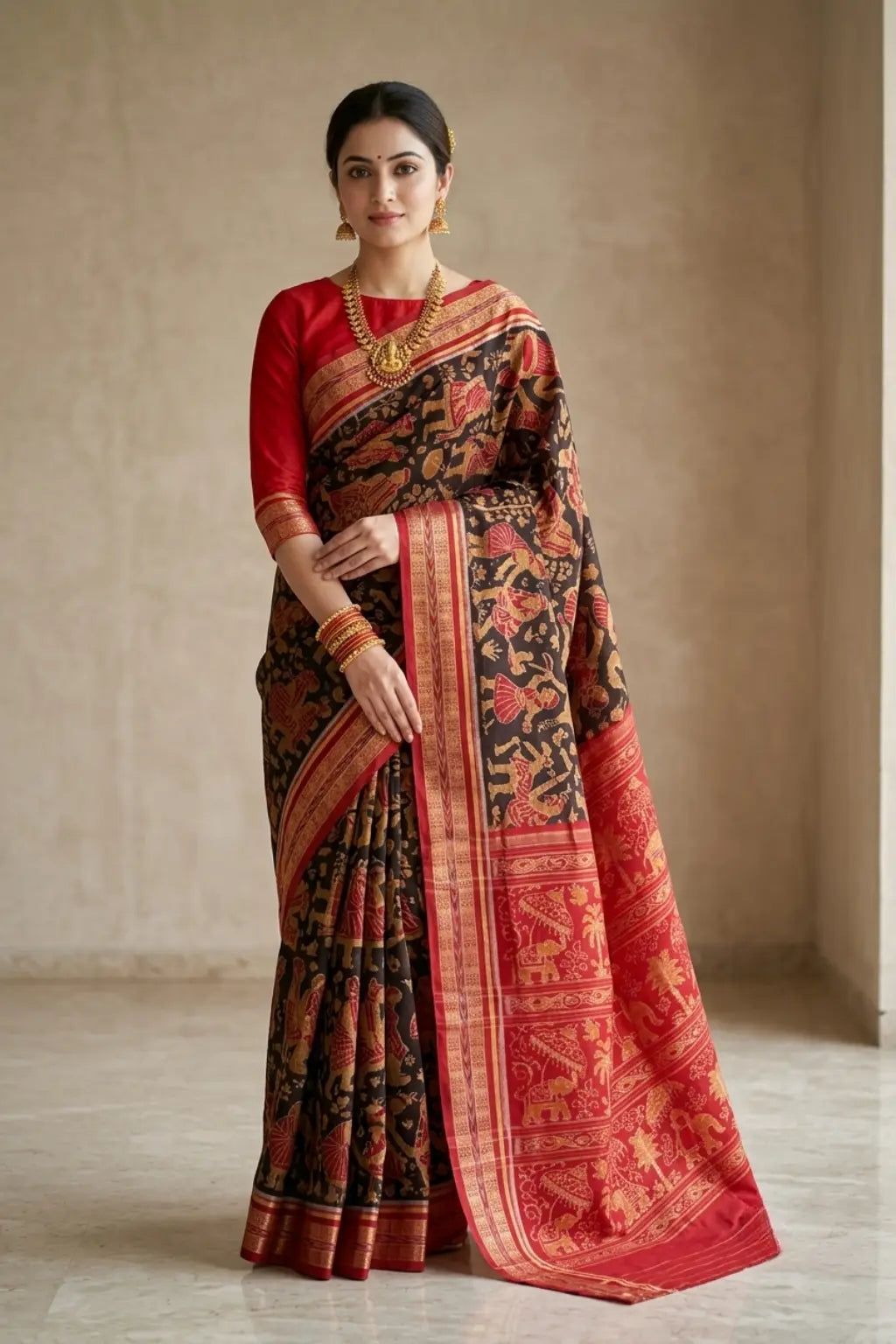 Nritya Red Handwoven Sambalpuri Cotton Saree
