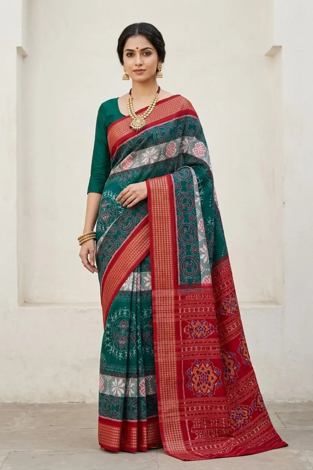 Aarohi Teal Handloom Sambalpuri Cotton Saree