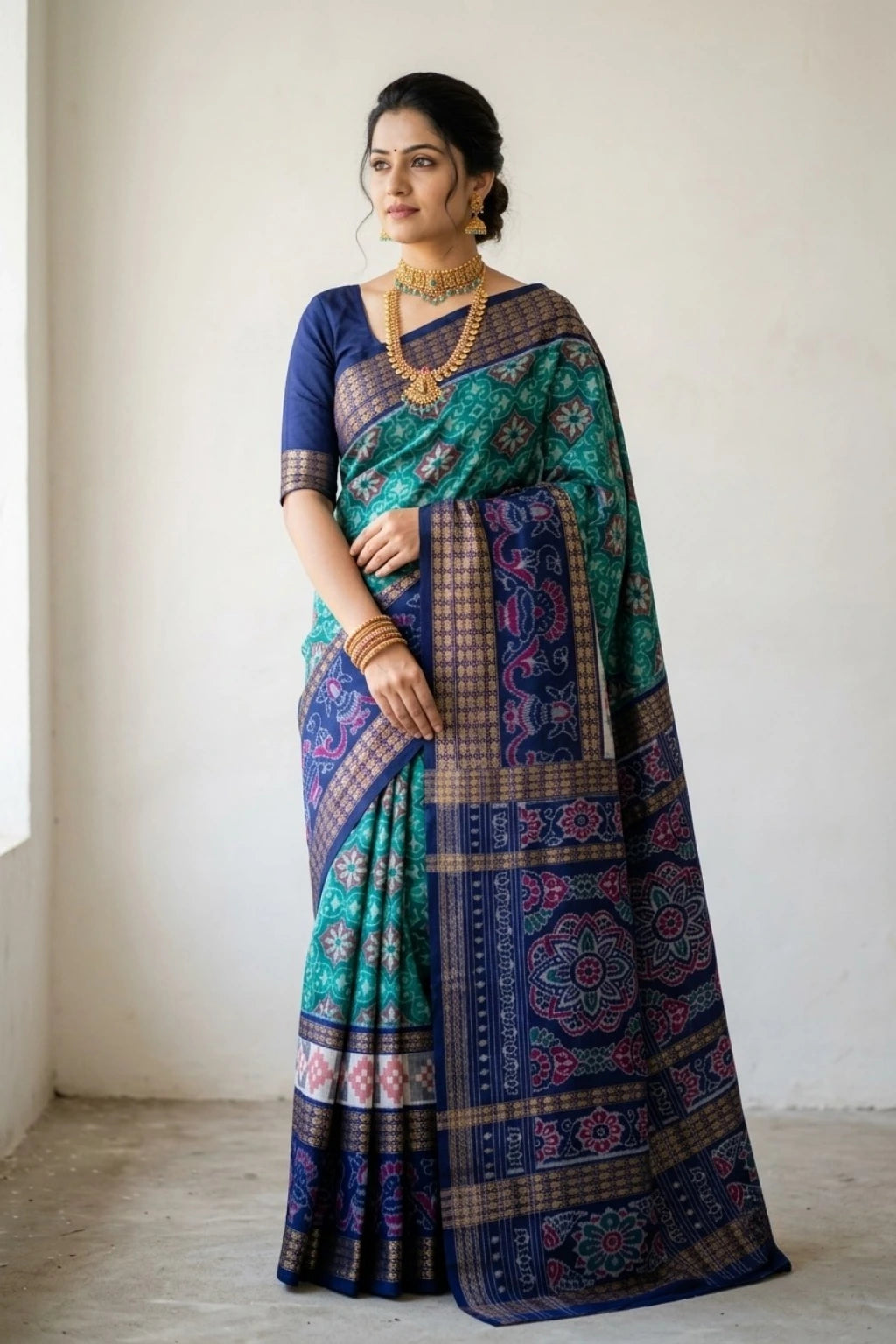 Aaradhya Blue Handwoven Sambalpuri Cotton Saree