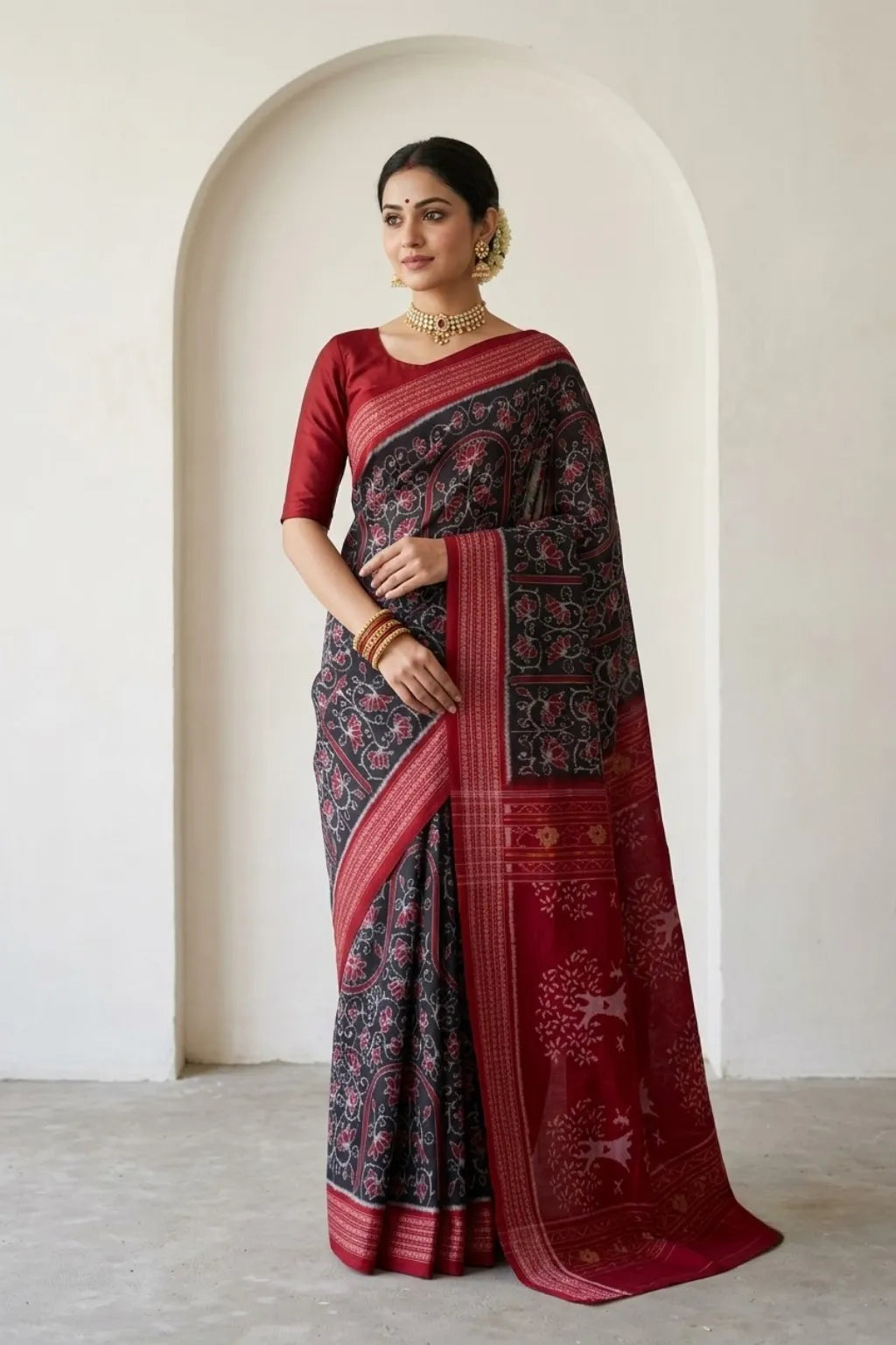 Vriksha Black Handloom Sambalpuri Cotton Saree